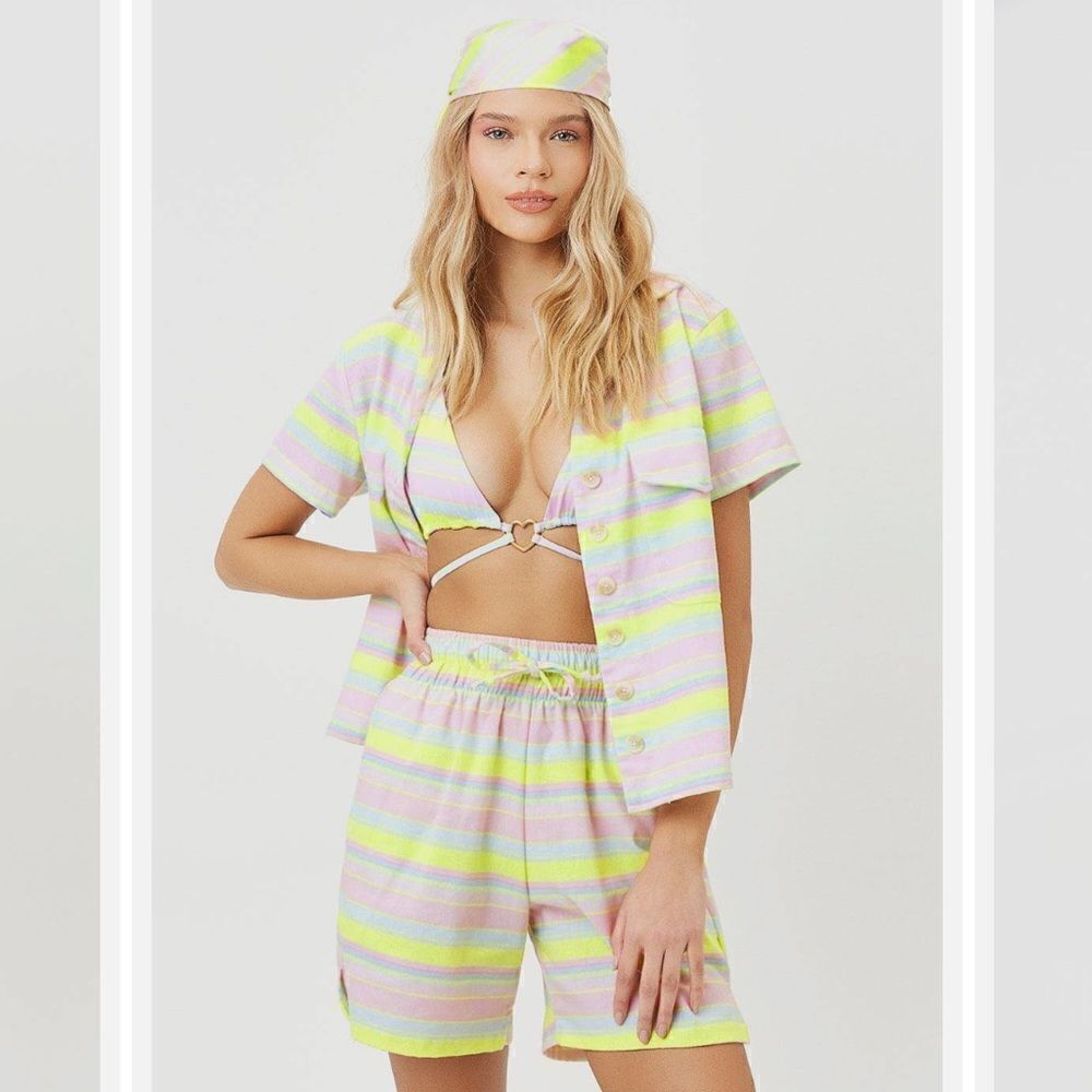 Frankie’s Bikinis Neon Linen Striped Lou Button Up Shirt NWT